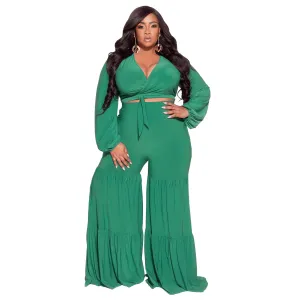 Plus Size V-Neck Wrap Top and High Waist Flare Pants Set