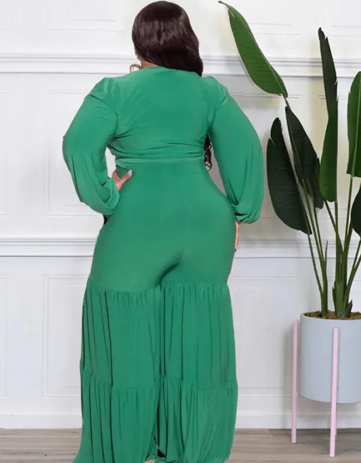 Plus Size V-Neck Wrap Top and High Waist Flare Pants Set