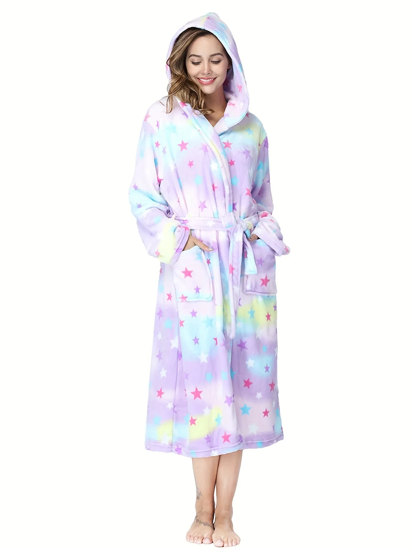 Plush Hooded Bathrobe for Women - Soft, Thick, and Cozy Long Sleeve Nightgown Pajamas with Pockets, Belt and Lapel Collar - Machine Washable, Polyester Knit Fabric, Perfect for Fall and Winter Loungewear & Sleepwear
