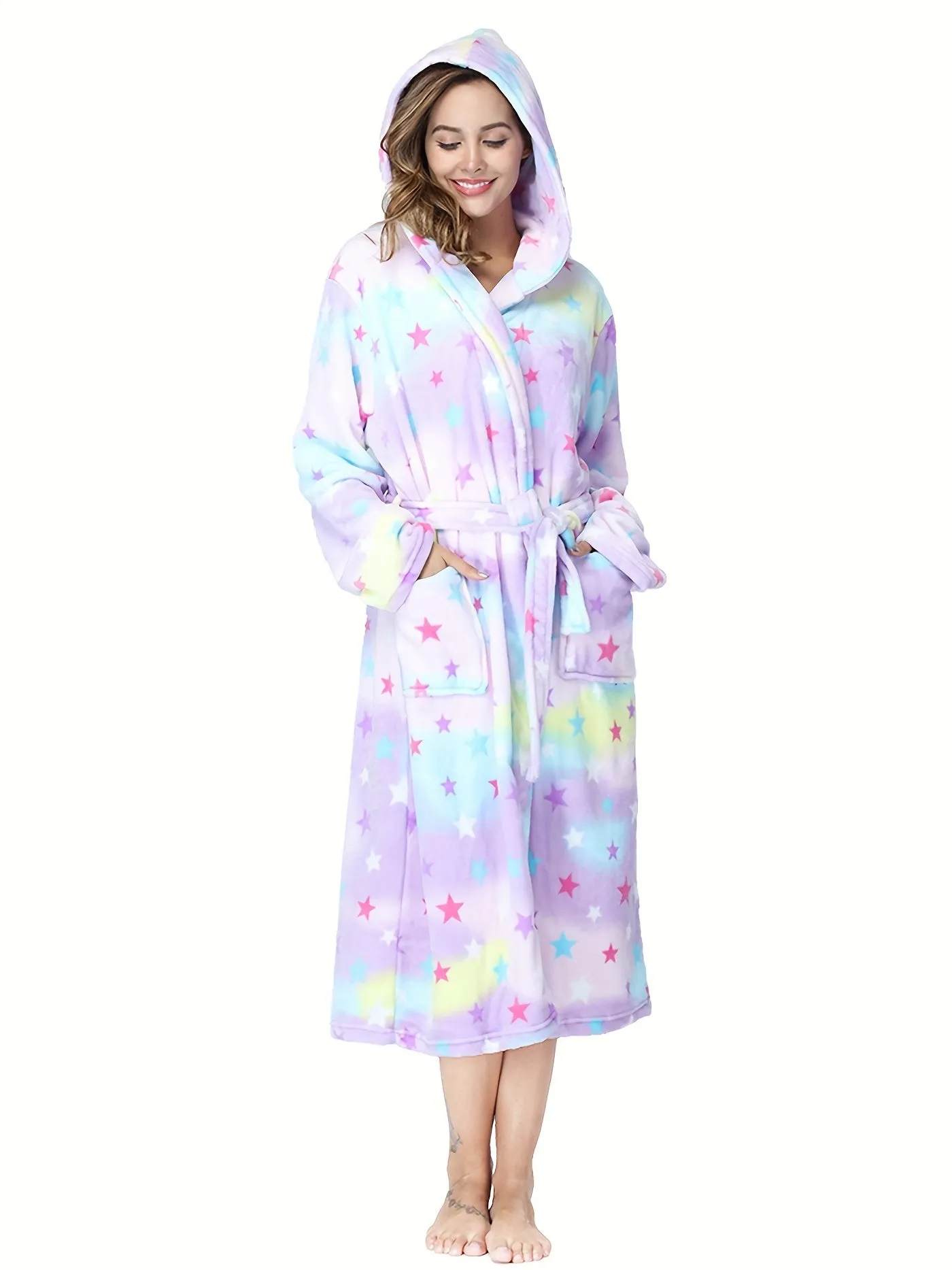 Plush Hooded Bathrobe for Women - Soft, Thick, and Cozy Long Sleeve Nightgown Pajamas with Pockets, Belt and Lapel Collar - Machine Washable, Polyester Knit Fabric, Perfect for Fall and Winter Loungewear & Sleepwear