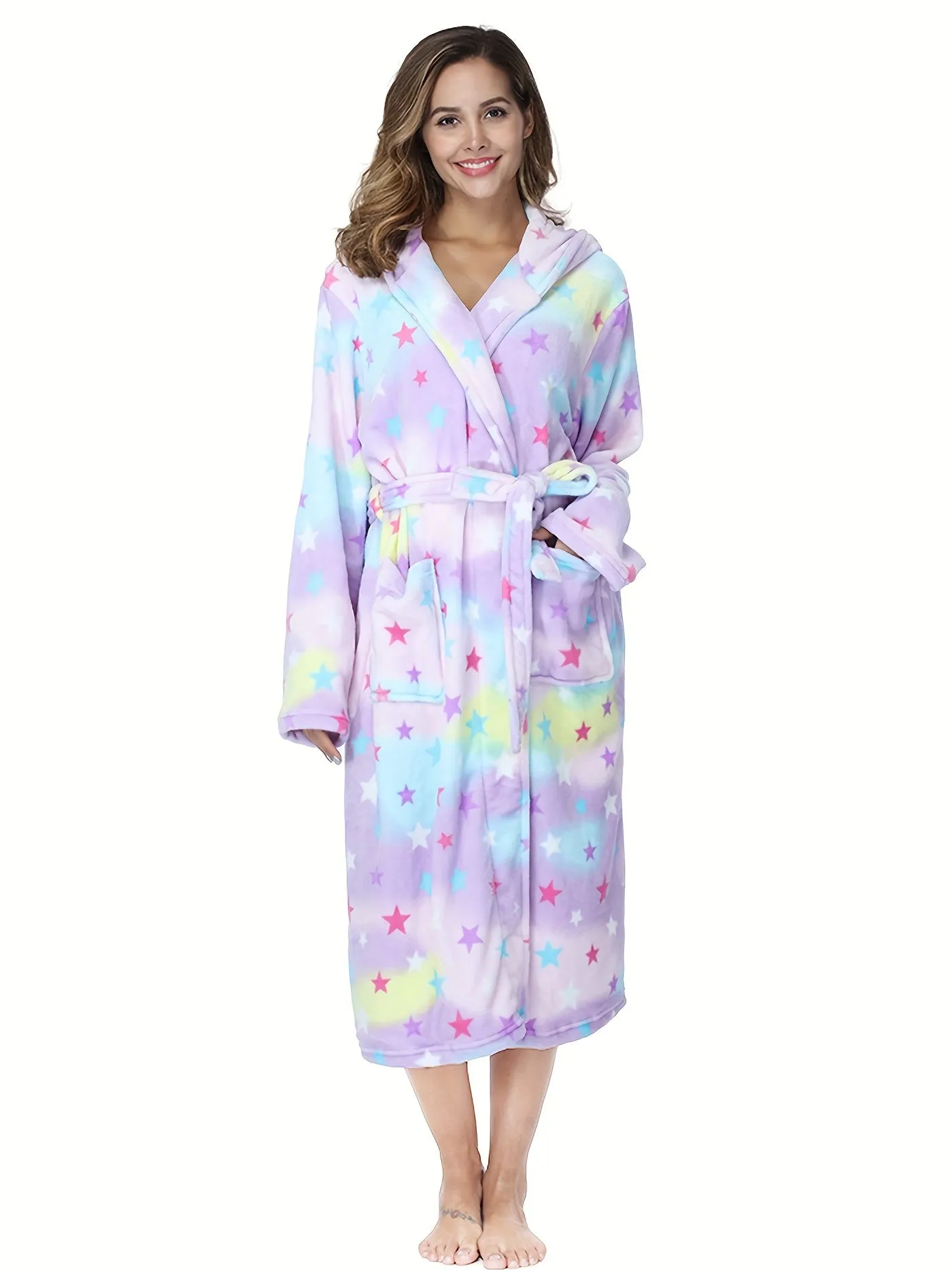 Plush Hooded Bathrobe for Women - Soft, Thick, and Cozy Long Sleeve Nightgown Pajamas with Pockets, Belt and Lapel Collar - Machine Washable, Polyester Knit Fabric, Perfect for Fall and Winter Loungewear & Sleepwear