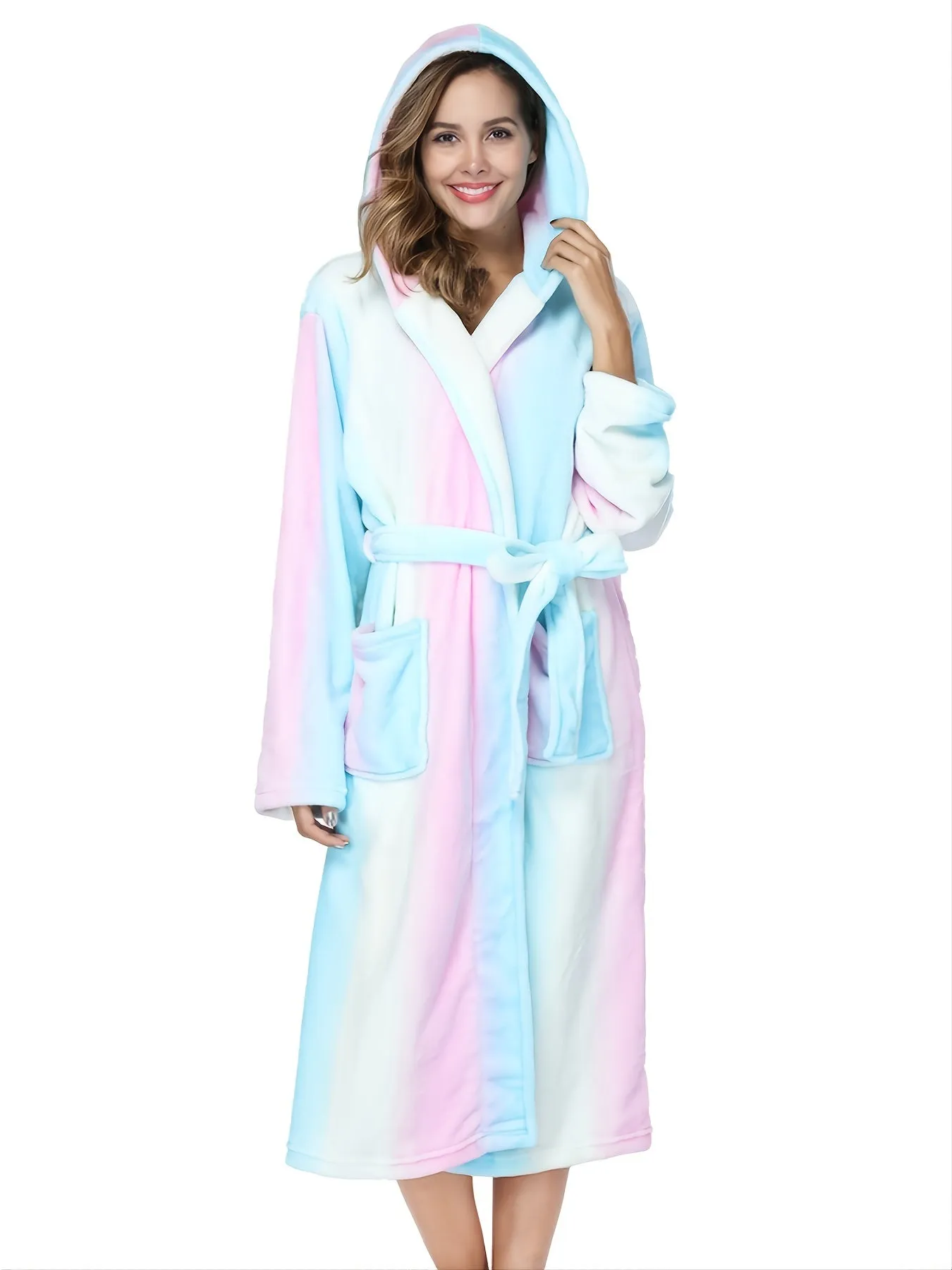 Plush Hooded Bathrobe for Women - Soft, Thick, and Cozy Long Sleeve Nightgown Pajamas with Pockets, Belt and Lapel Collar - Machine Washable, Polyester Knit Fabric, Perfect for Fall and Winter Loungewear & Sleepwear