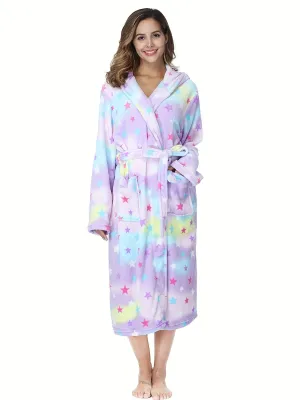 Plush Hooded Bathrobe for Women - Soft, Thick, and Cozy Long Sleeve Nightgown Pajamas with Pockets, Belt and Lapel Collar - Machine Washable, Polyester Knit Fabric, Perfect for Fall and Winter Loungewear & Sleepwear