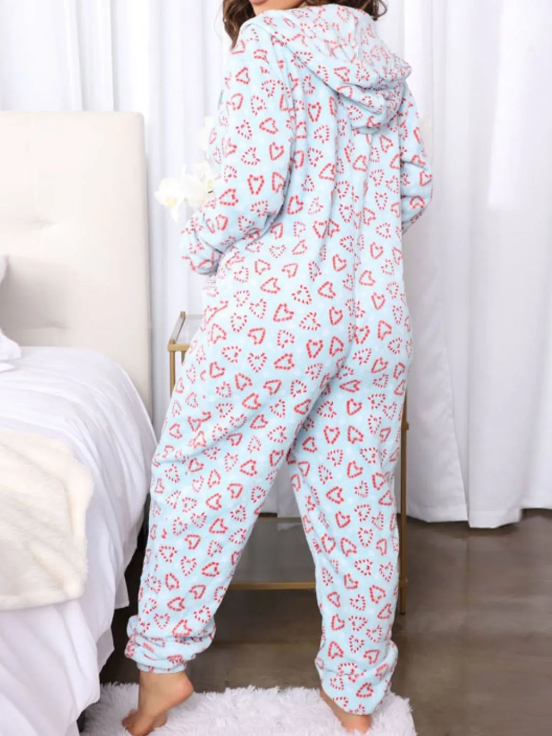 Printed Zip Up Long Sleeve Hooded Lounge Jumpsuit S-XL