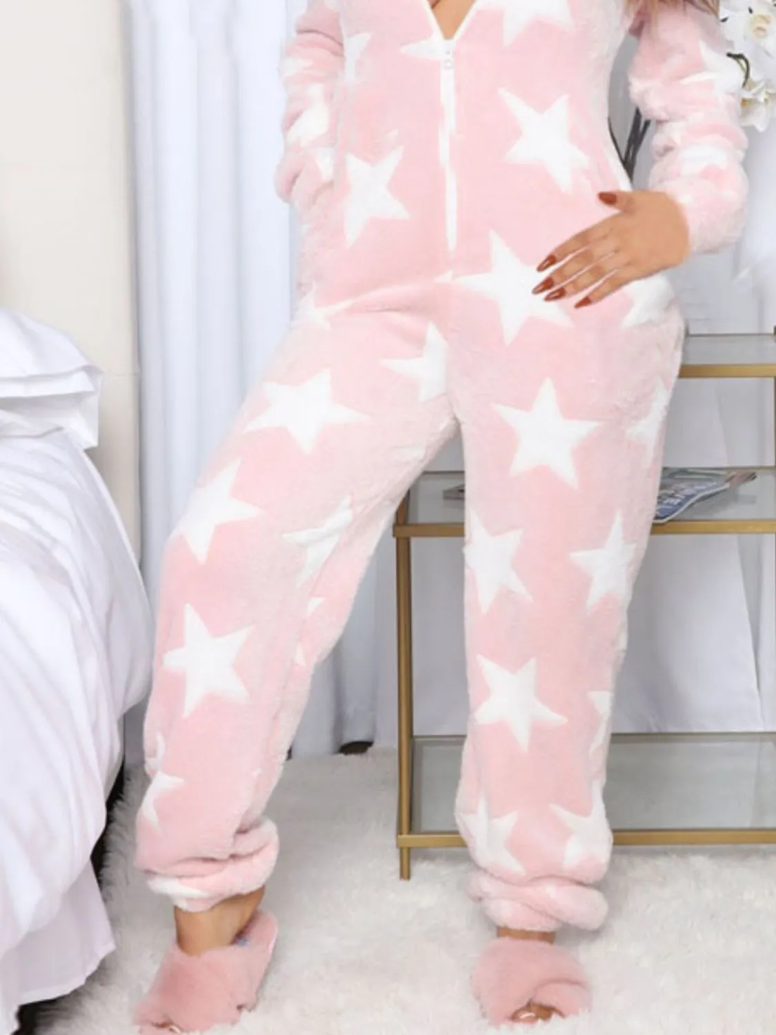 Printed Zip Up Long Sleeve Hooded Lounge Jumpsuit S-XL