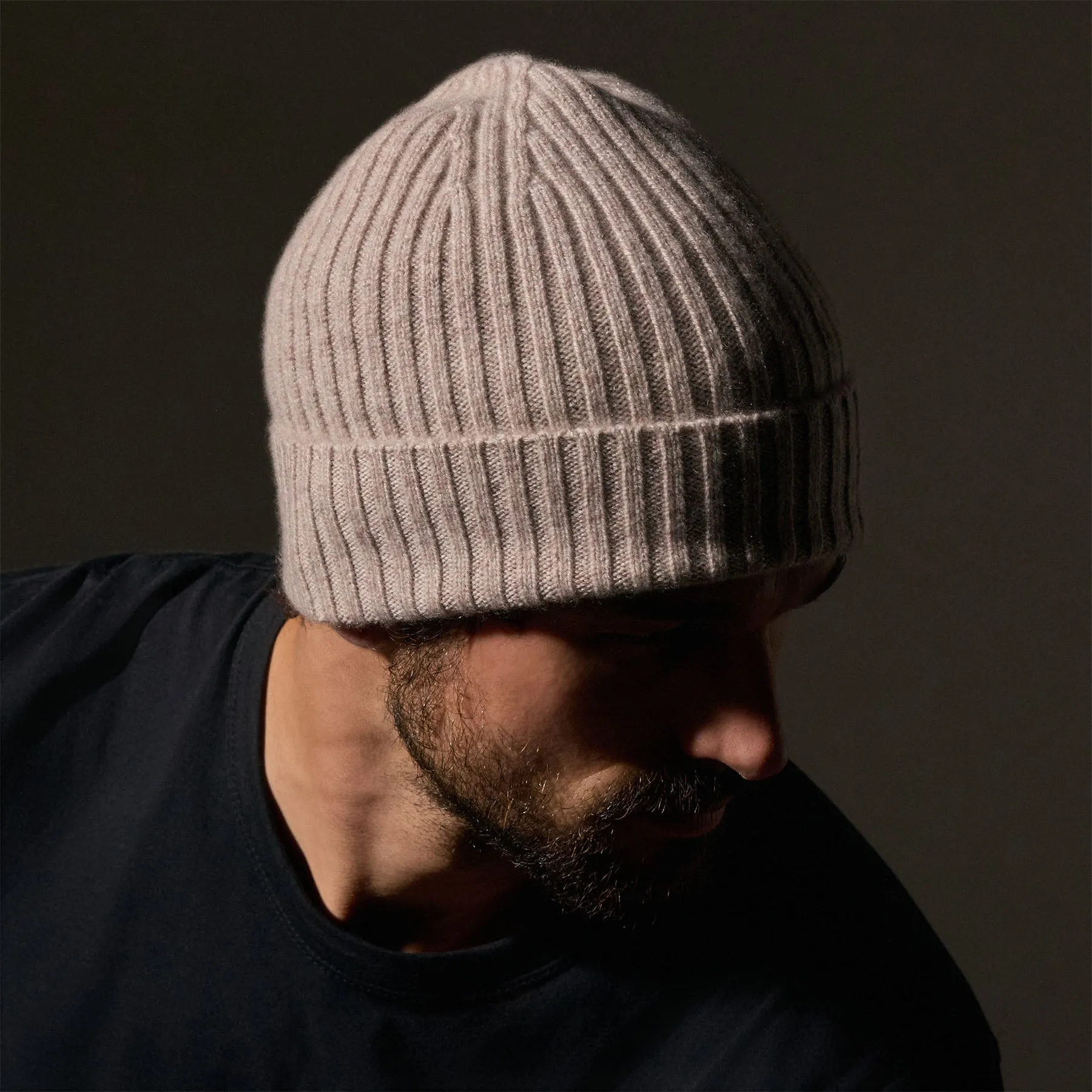 Recycled Cashmere Ribbed Beanie - Stone