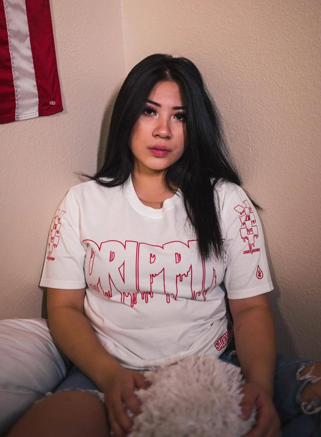Red Drippin Outline | White Tee (Outline Checkered Drippin Sleeves)