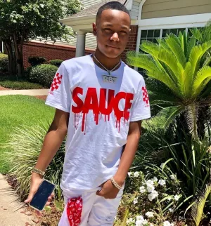 Red Sauce | White Tee (Solid Checkered Drippin Sleeve)