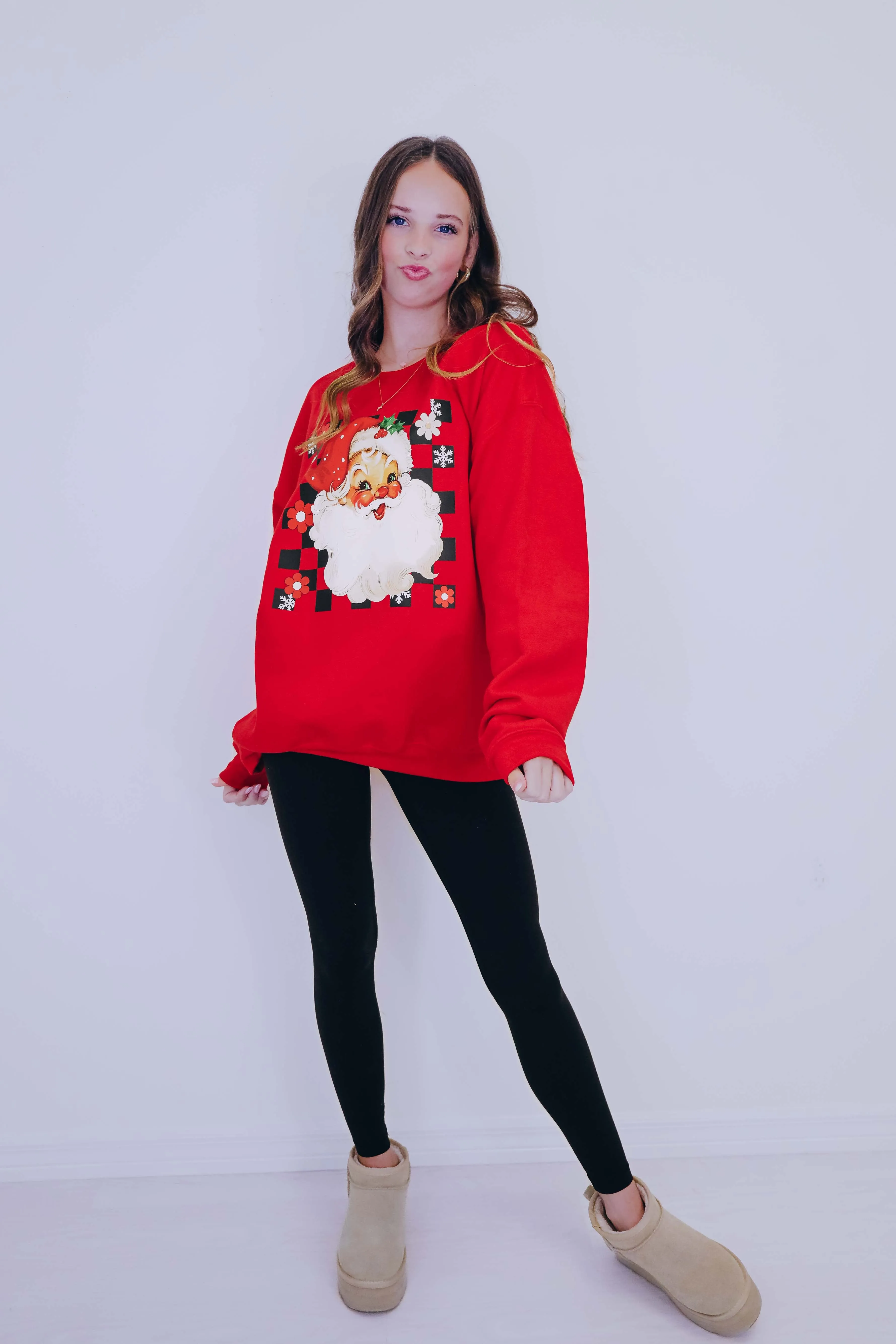 Retro Santa Checkered Graphic Sweatshirt