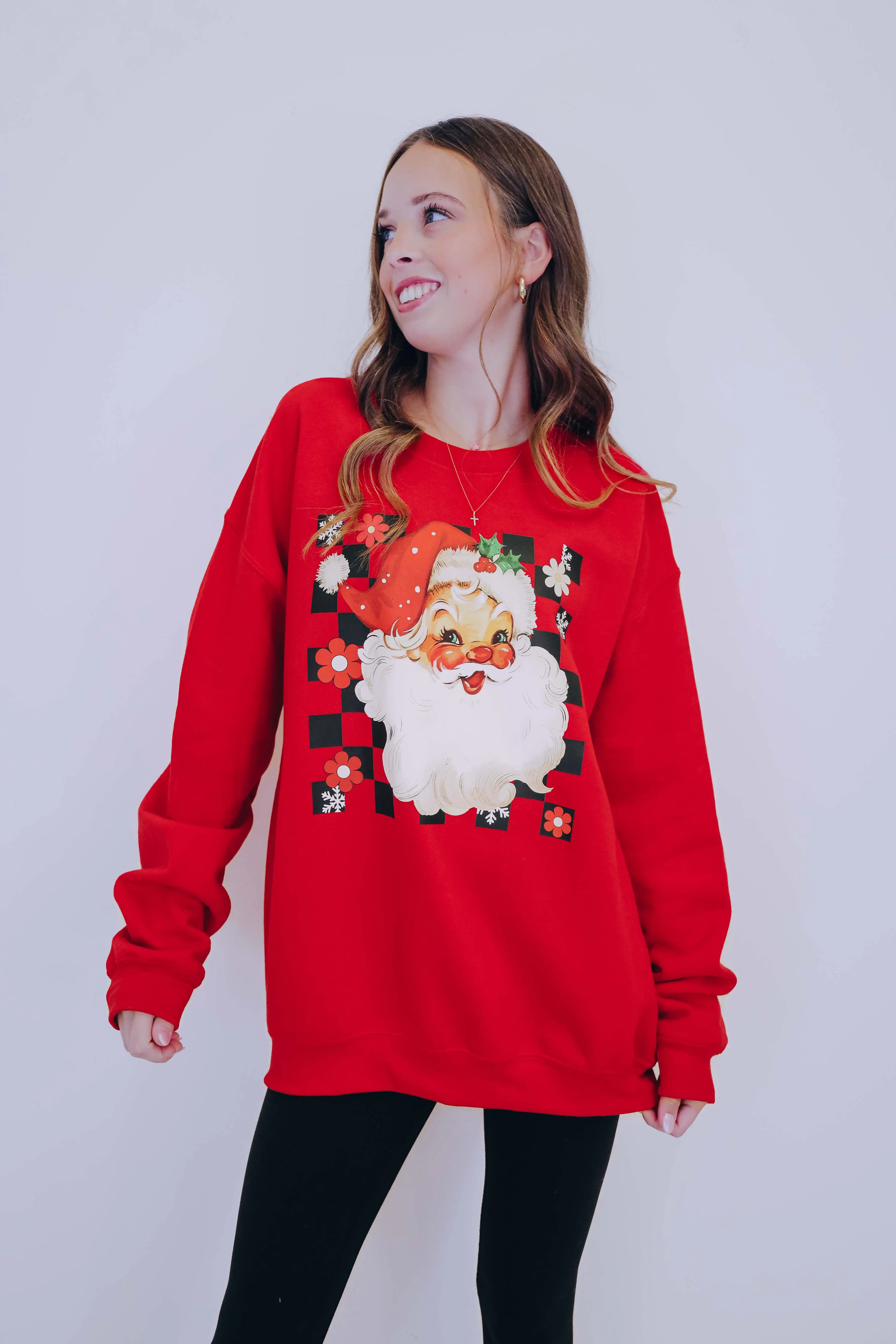 Retro Santa Checkered Graphic Sweatshirt