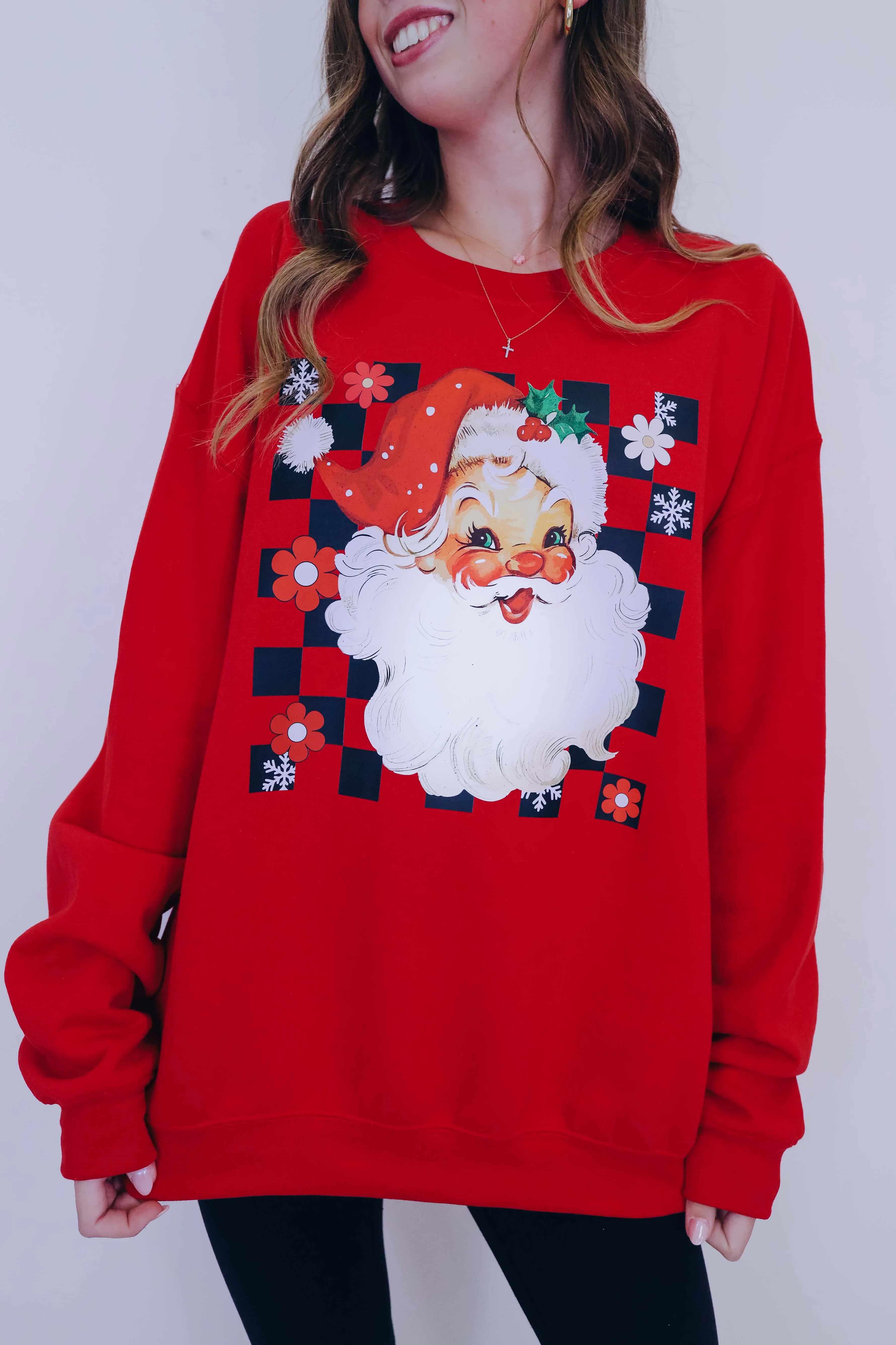 Retro Santa Checkered Graphic Sweatshirt