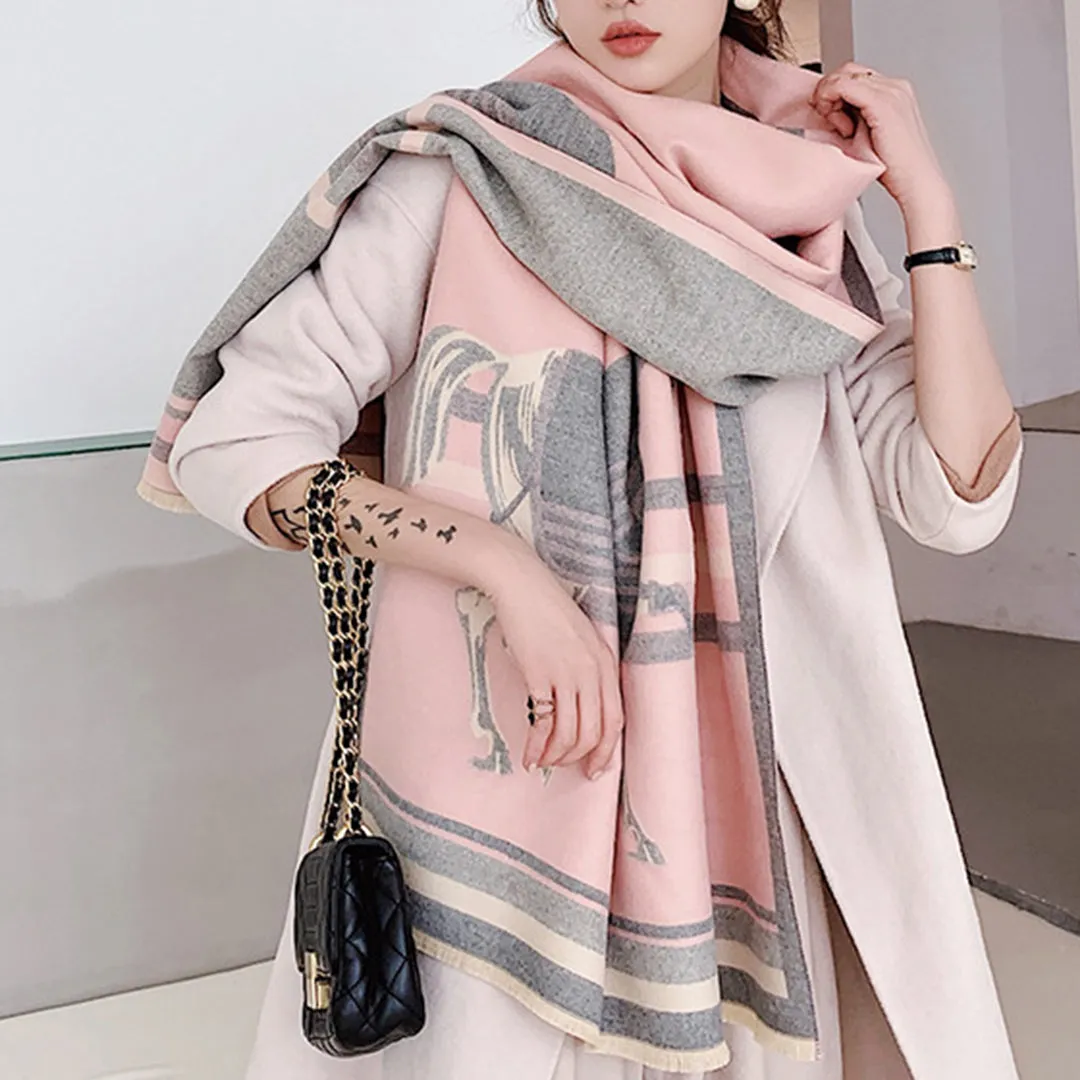 Retro Tassel Horse Pattern Warm Scarf Cashmere Thick Shawl Wrap for Women Ladies Girls