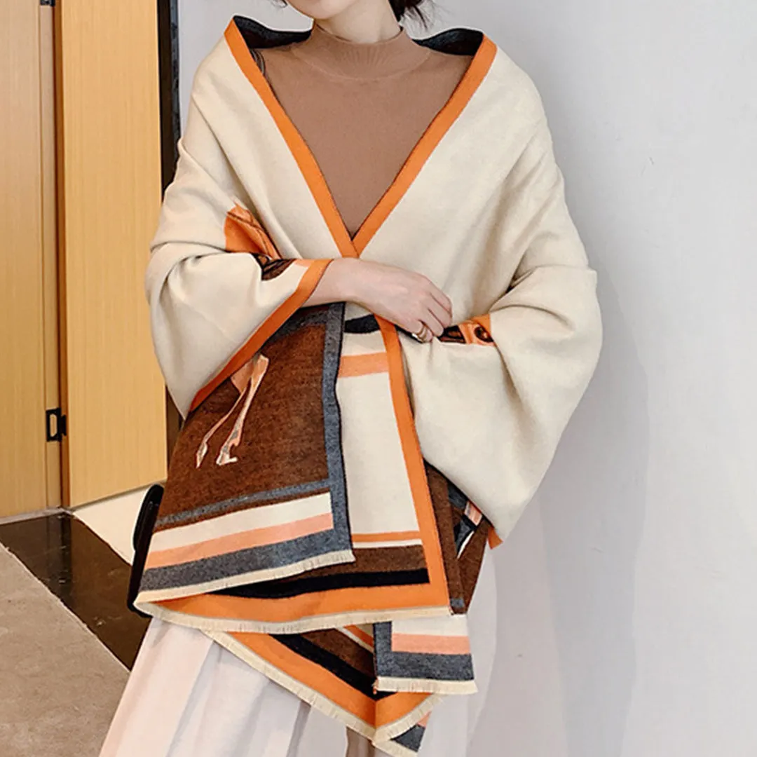 Retro Tassel Horse Pattern Warm Scarf Cashmere Thick Shawl Wrap for Women Ladies Girls