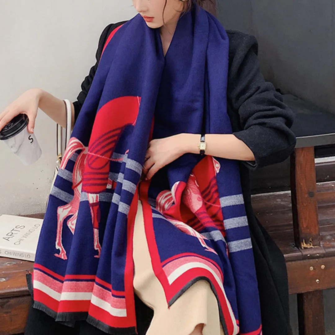 Retro Tassel Horse Pattern Warm Scarf Cashmere Thick Shawl Wrap for Women Ladies Girls