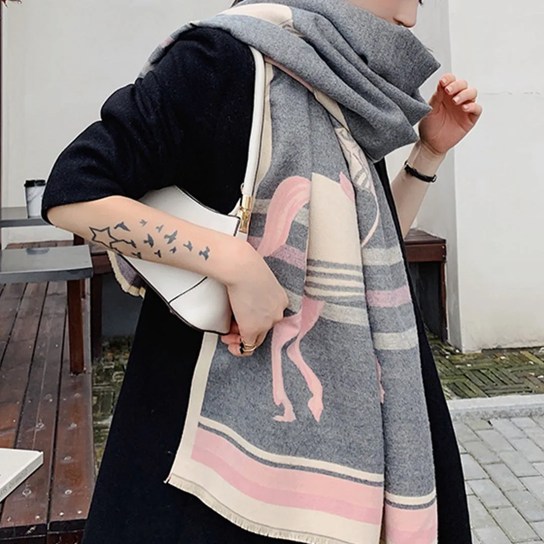 Retro Tassel Horse Pattern Warm Scarf Cashmere Thick Shawl Wrap for Women Ladies Girls