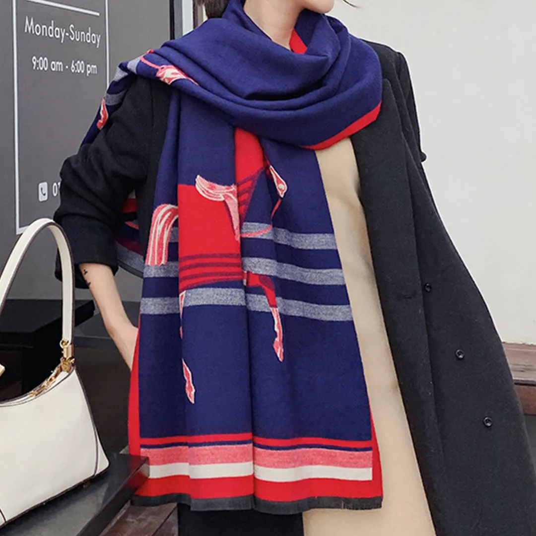 Retro Tassel Horse Pattern Warm Scarf Cashmere Thick Shawl Wrap for Women Ladies Girls