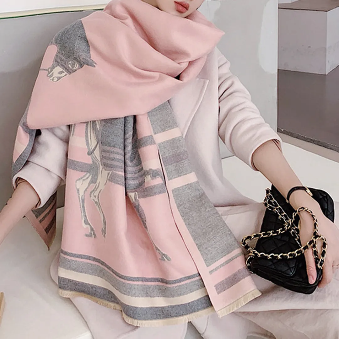 Retro Tassel Horse Pattern Warm Scarf Cashmere Thick Shawl Wrap for Women Ladies Girls