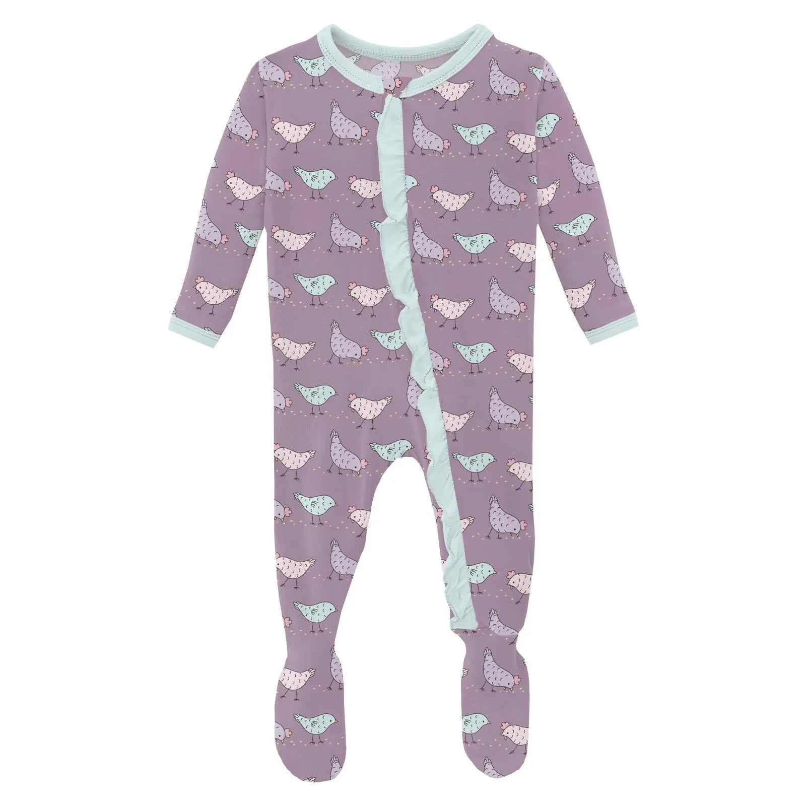 Ruffle Zipper Footie | Lavender Chickens