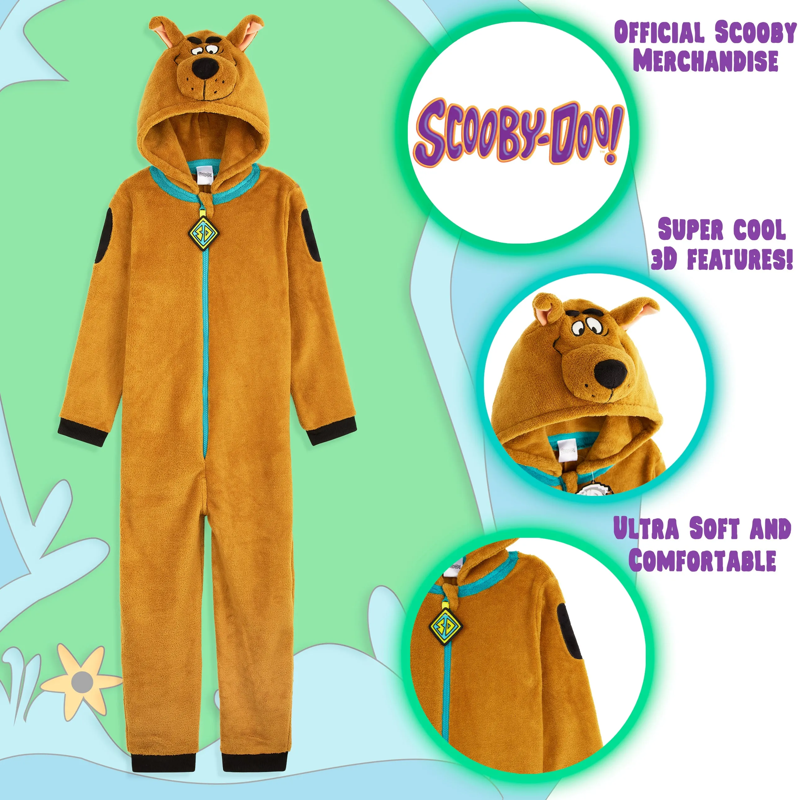 Scooby Doo Boys Pyjamas, 3D Hooded Onesie Boys Teens, Fleece Pyjamas for Kids