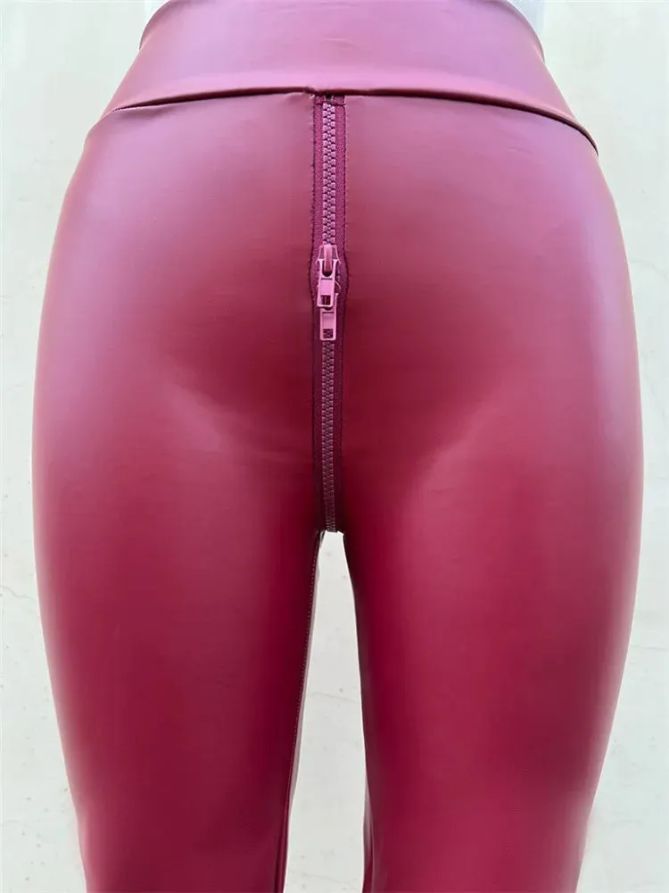 Sexy Black Matte Leather Open Crotch Pants for Women Exotic Bodycon Slim Trousers Faux Leather Leggings