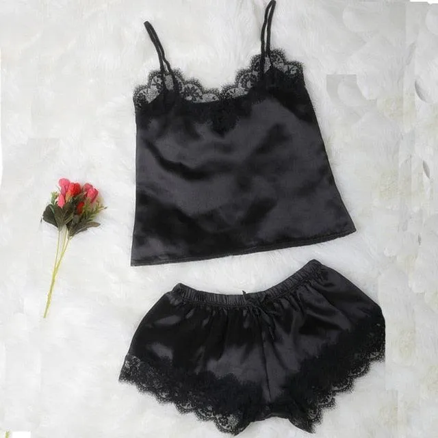 Sexy Satin Pajama Set Black Lace V-Neck Pyjamas