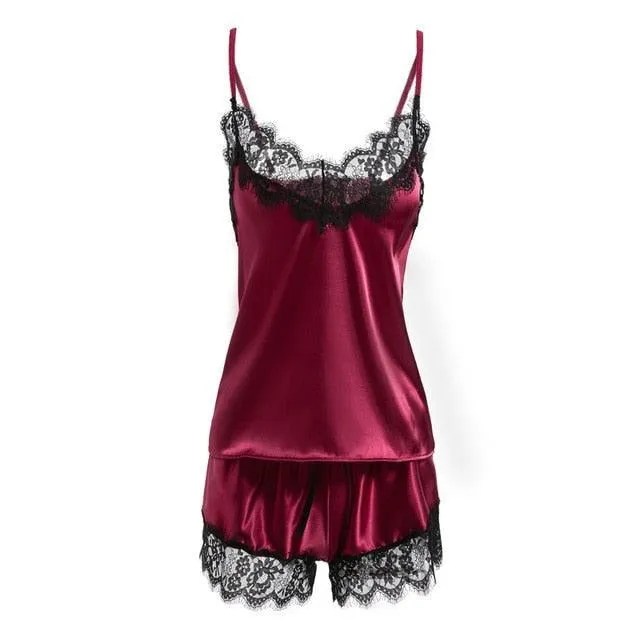 Sexy Satin Pajama Set Black Lace V-Neck Pyjamas