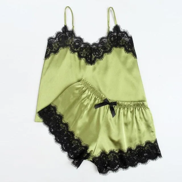 Sexy Satin Pajama Set Black Lace V-Neck Pyjamas