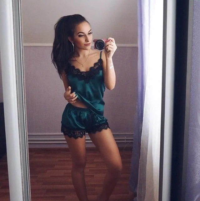 Sexy Satin Pajama Set Black Lace V-Neck Pyjamas