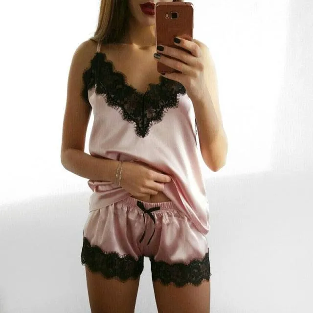 Sexy Satin Pajama Set Black Lace V-Neck Pyjamas