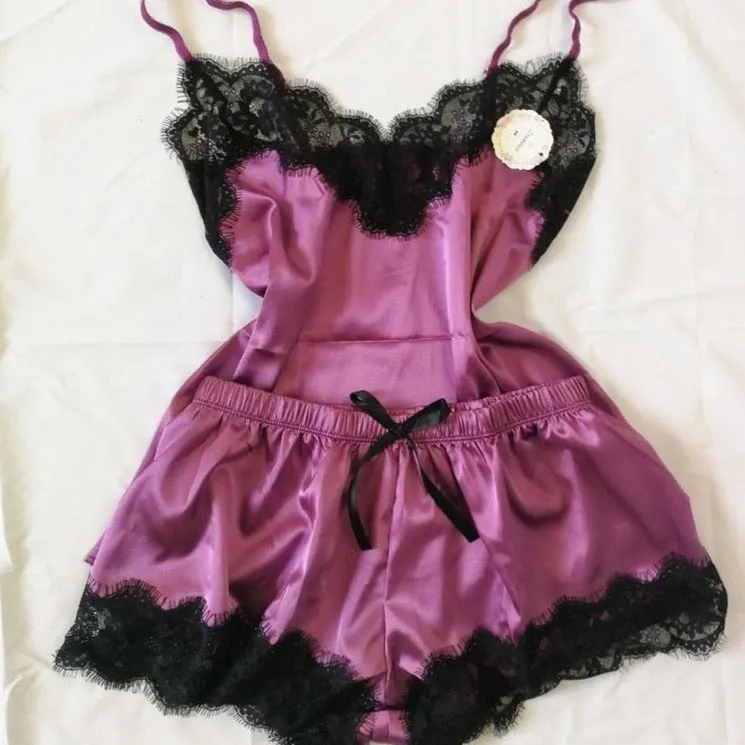 Sexy Satin Pajama Set Black Lace V-Neck Pyjamas