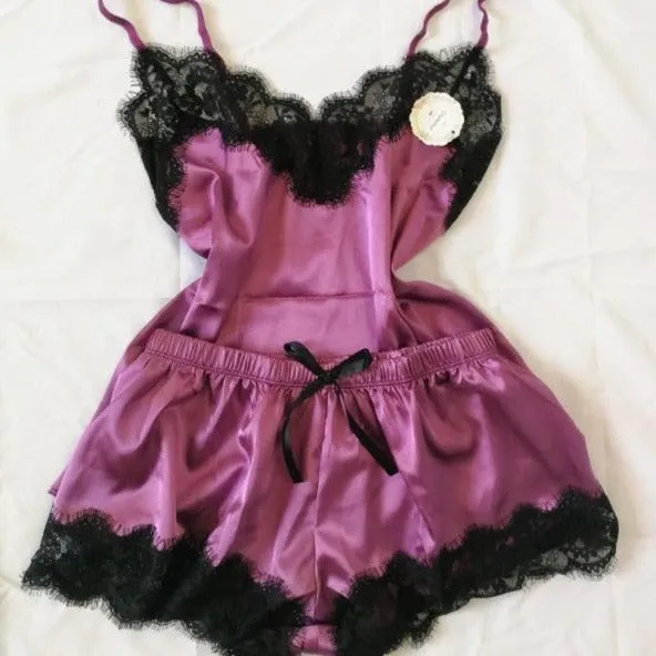 Sexy Satin Pajama Set Black Lace V-Neck Pyjamas