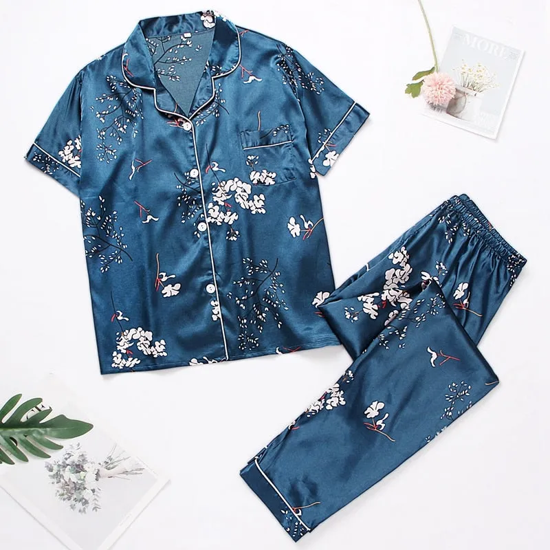 Silk Nightwear Tops & Pajama 2 Pieces Set for Women