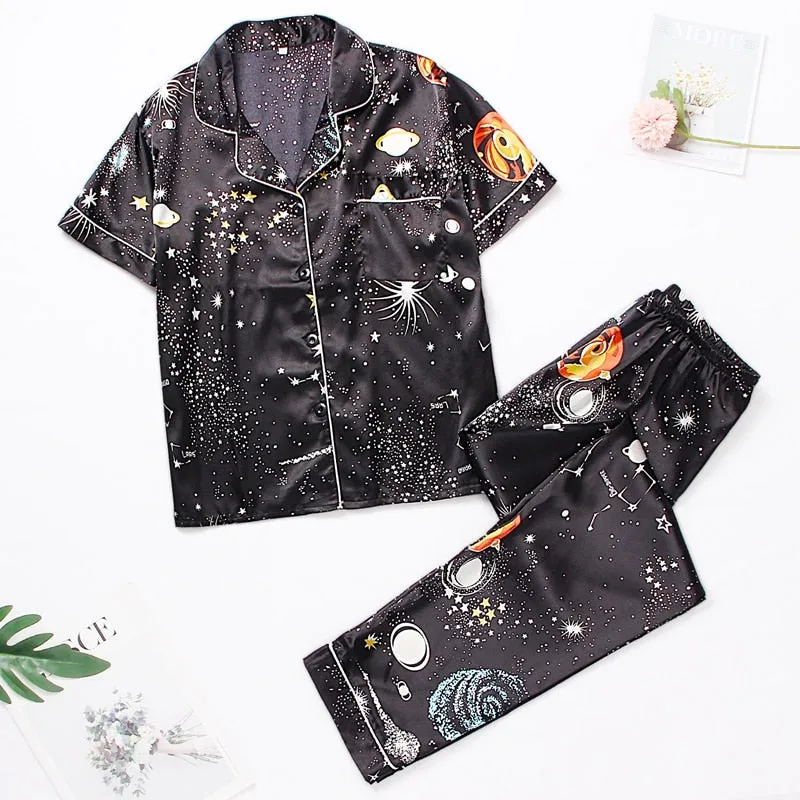 Silk Nightwear Tops & Pajama 2 Pieces Set for Women