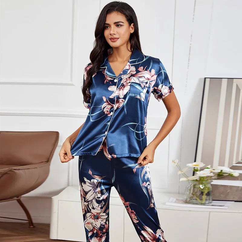 Silk Nightwear Tops & Pajama 2 Pieces Set for Women