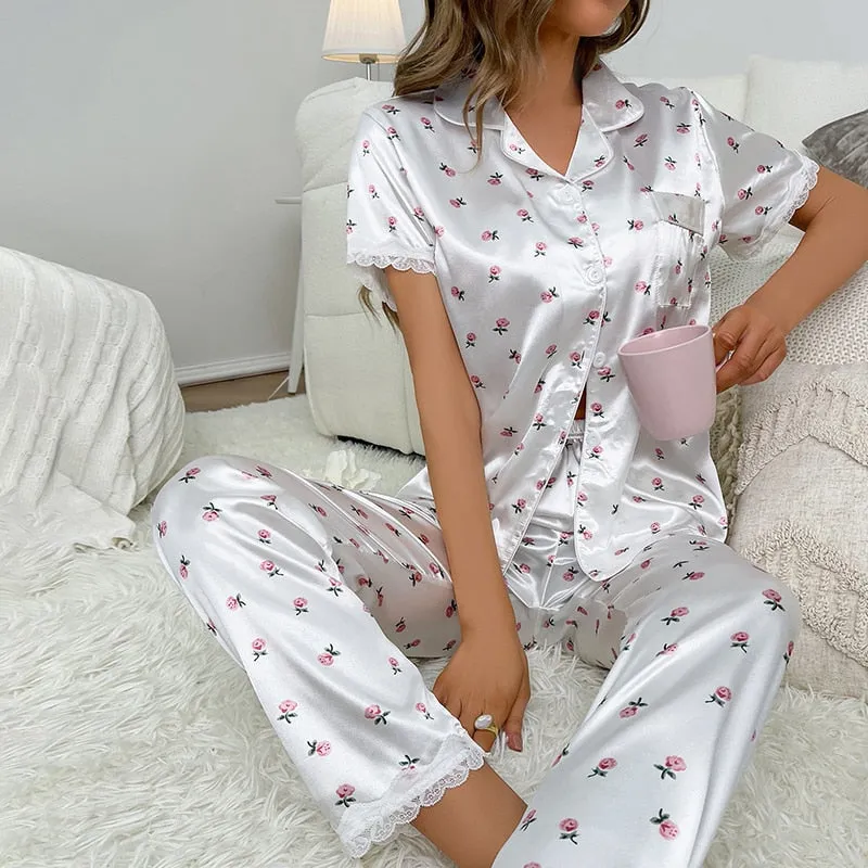 Silk Nightwear Tops & Pajama 2 Pieces Set for Women