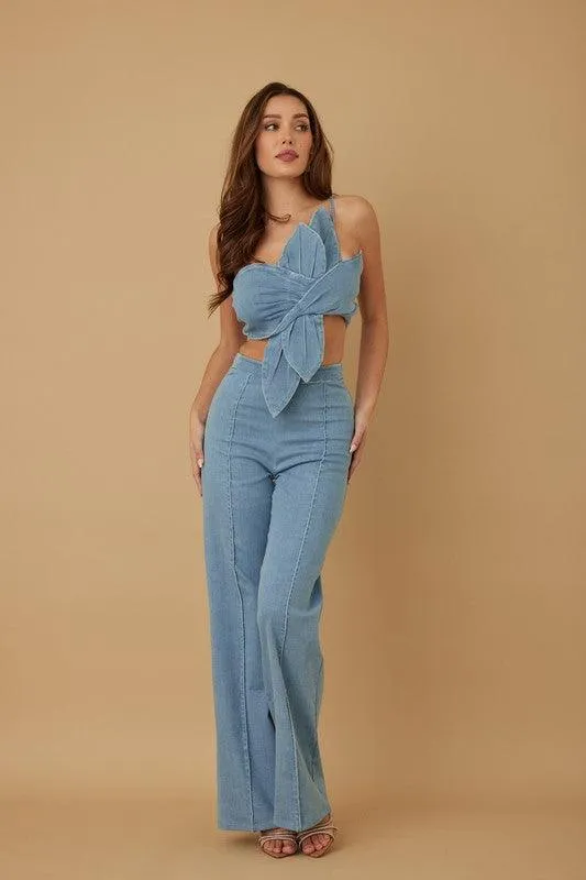 SINGLE STRAP WRAP FLOWER DENIM PANT SET