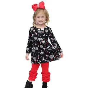 Snow flake printed flare top with red ruffle pants