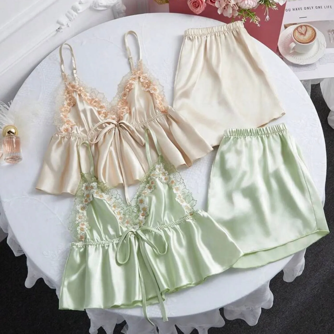 Sofia Silk Pajamas 2 Packs - Mint & Champagne