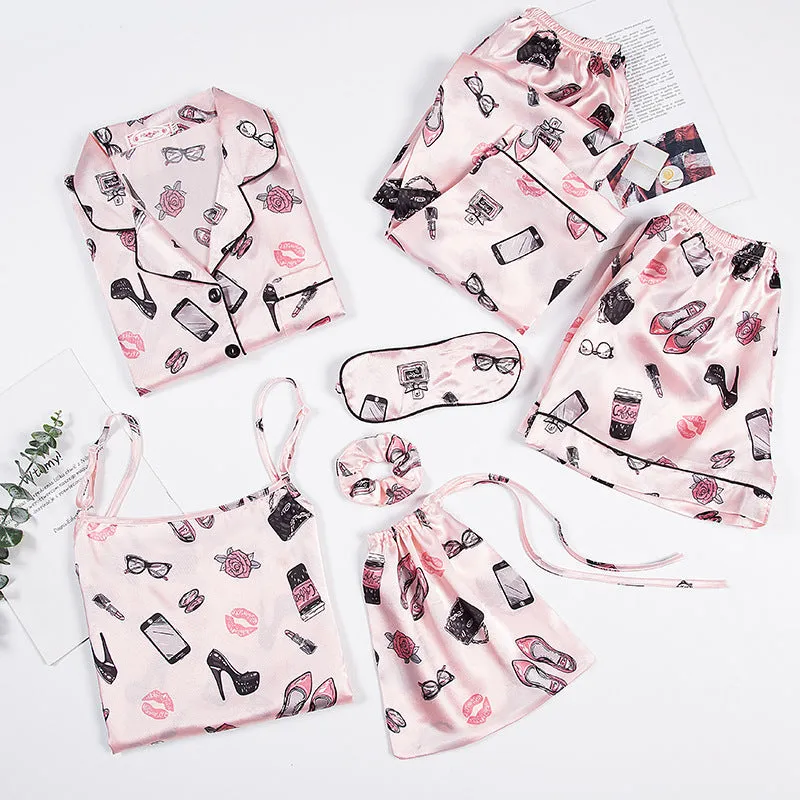 Spring And Autumn Printed Imitated Silk Pajamas