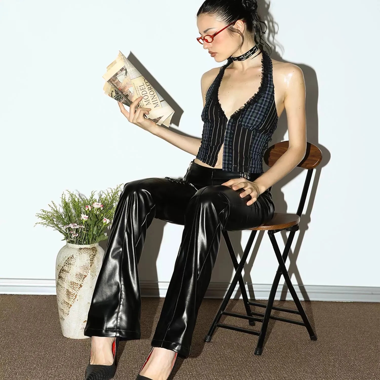 Strapped Faux Leather Pants