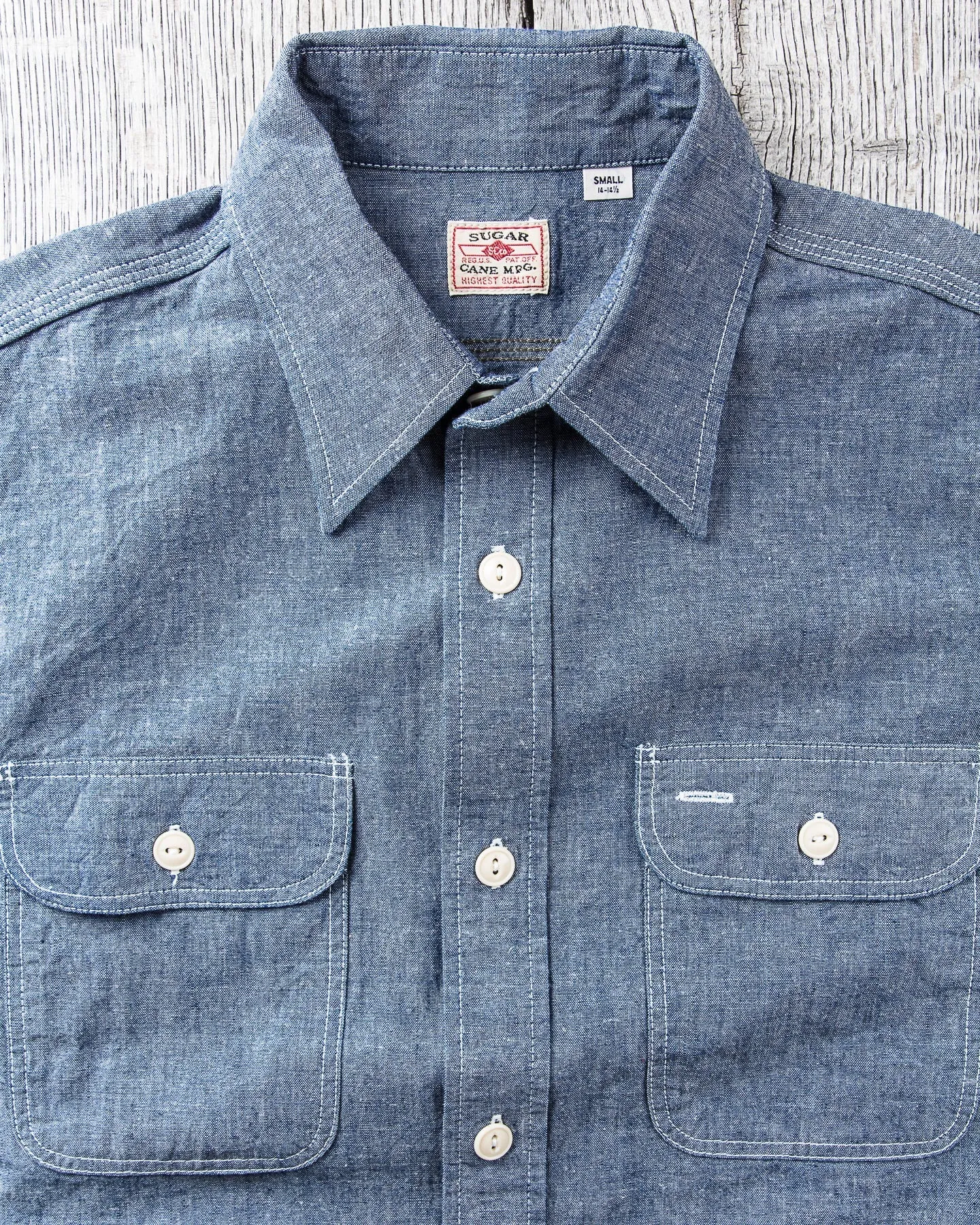 Sugar Cane & Co. Short Sleeve Blue Chambray Work Shirt SC37941