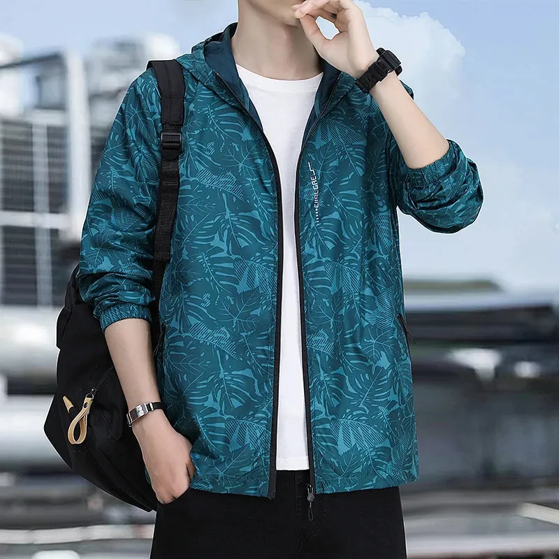 Summer Ice Silk Windbreaker Men's Waterproof Lightweight Hooded Sunscreen Clothes Fishing Hunting Skin Maple Leaf Pattern Jacket