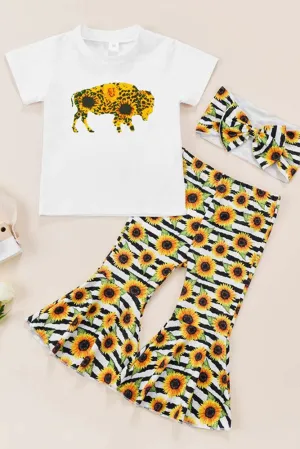 Sun Flower Short Sleeve Top & Flare Pants 3PCS Set Include Headband