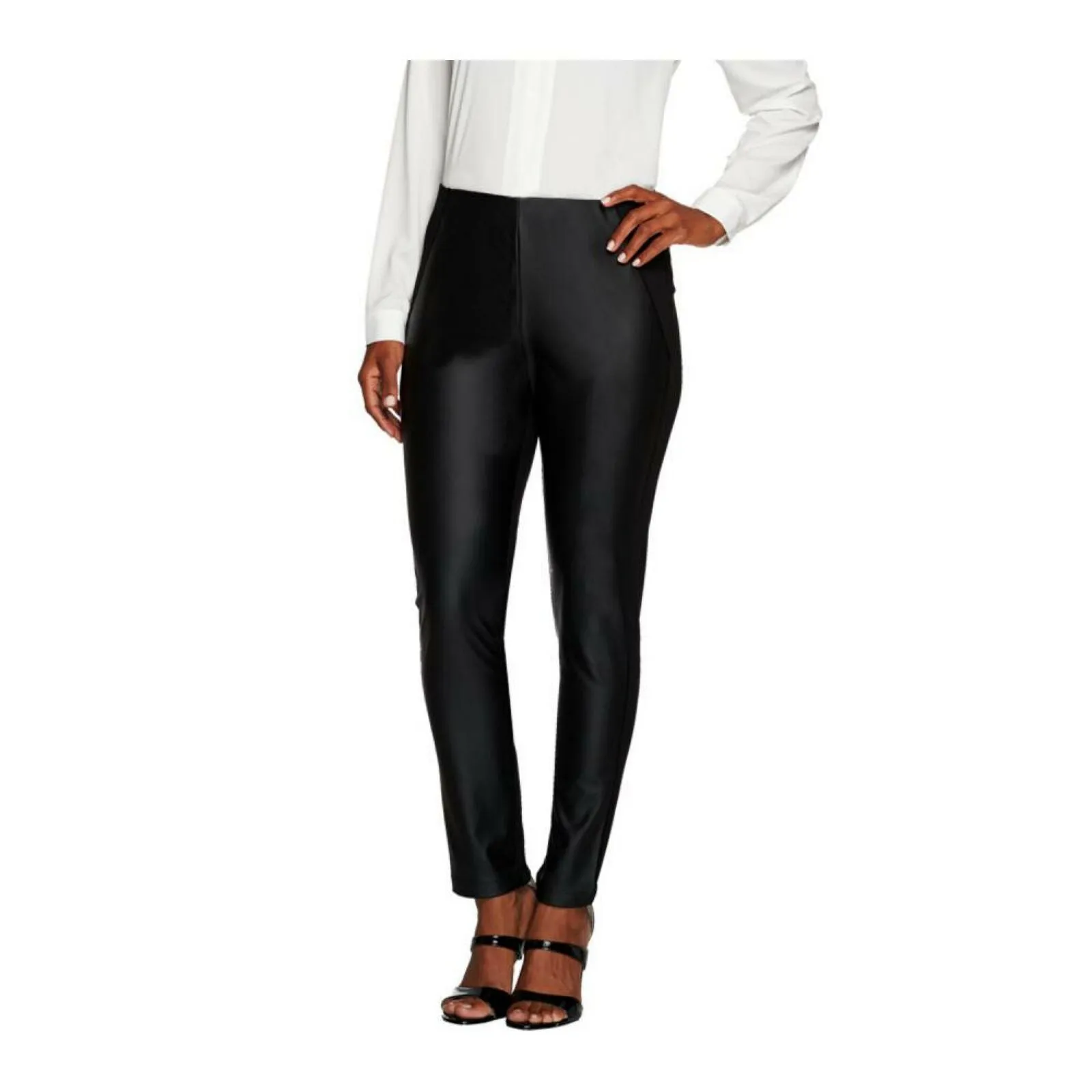 Susan Graver Women's Ponte Knit Comfort Waist Faux Leather Front Pants