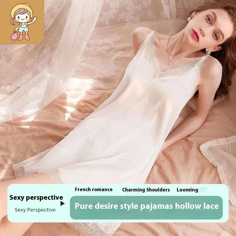 Suspender Pajamas Women's Ice Silk Padded Nightdress Two-piece Set