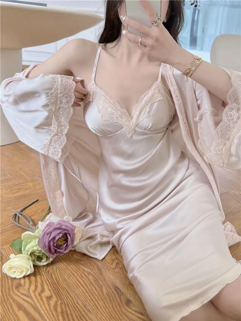 Suspender Pajamas Women's Ice Silk Padded Nightdress Two-piece Set