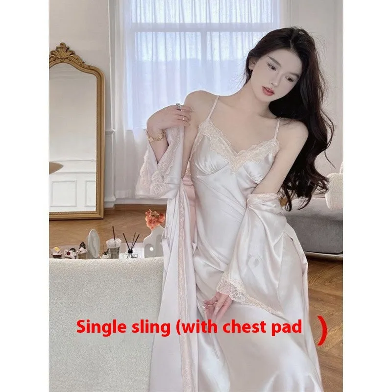 Suspender Pajamas Women's Ice Silk Padded Nightdress Two-piece Set