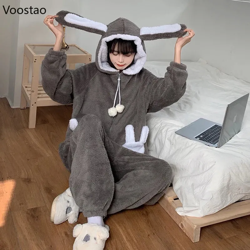 Sweet Bunny Hooded Onesies Women Pajamas Cute Pijama Winter Warm Sleepwear Kawaii Female Nightwear Pyjamas Jumpsuit Homewear