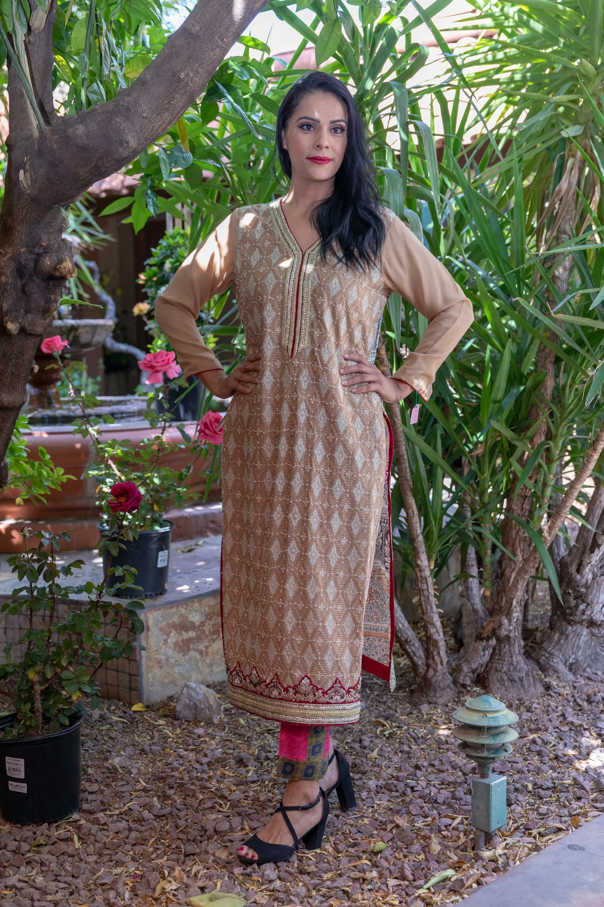 Tan Chiffon and Silk Two Piece Suit - Salwar Kameez