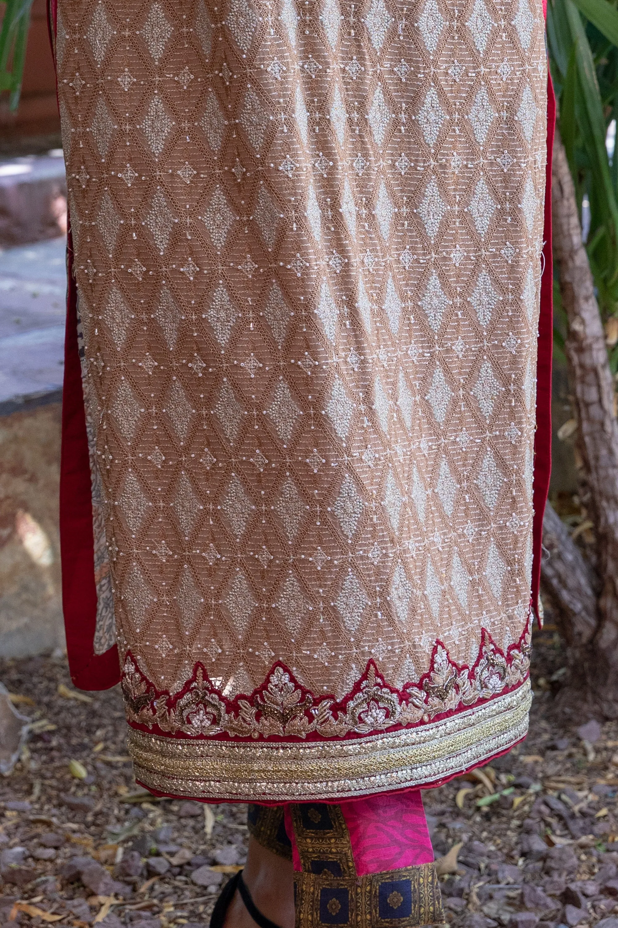 Tan Chiffon and Silk Two Piece Suit - Salwar Kameez